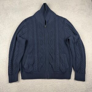 L.L.Bean Fisherman Sweater Womens Large blue cable knit Full Zip Chunky Knit